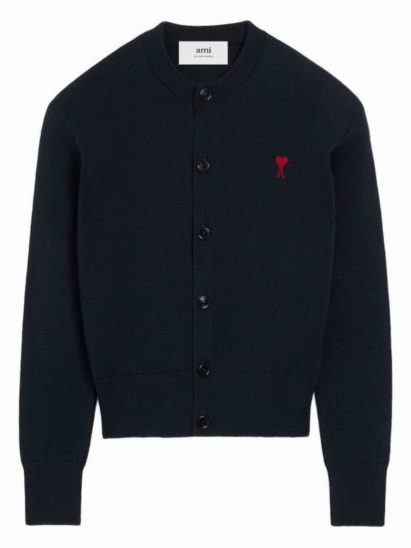 Ami Paris Crew Neck Wool Cardigan With Button-Down Front