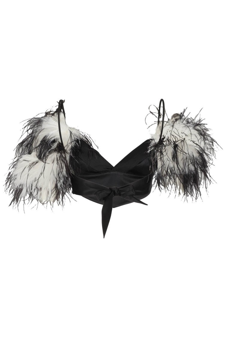 Verguenza Clio Black Silk Top With Feather Detailing
