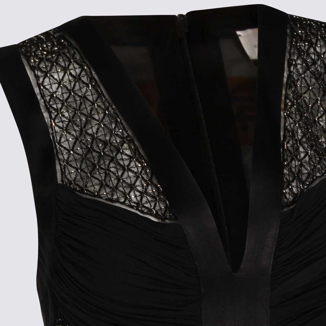Elisabetta Franchi Long Sleeveless Dress With Geometric Lace Details And Sheer Mesh Panels