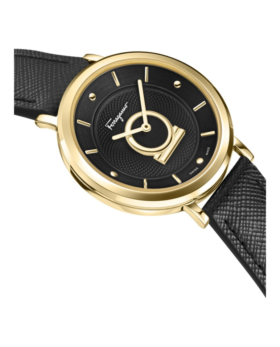 Ferragamo Minuetto Leather Watch With Black Guilloche Dial