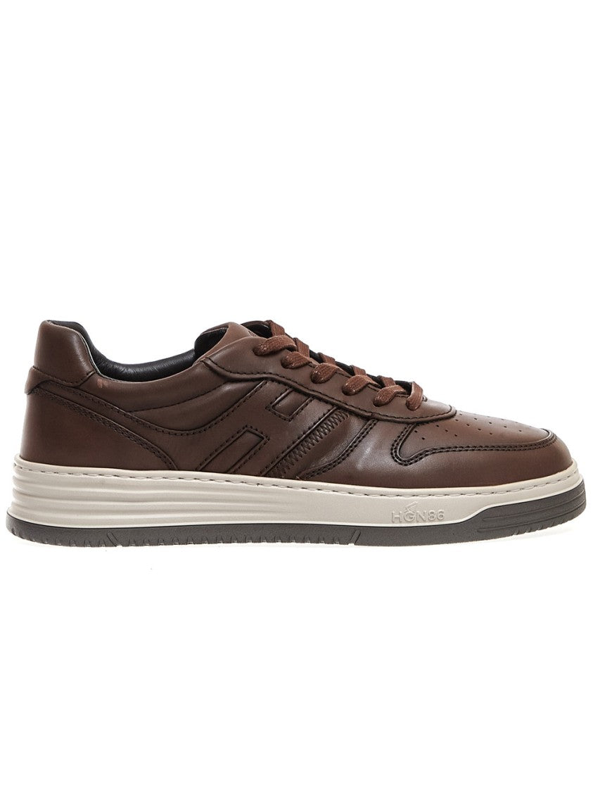 Hogan Brown Leather Basket Sneakers