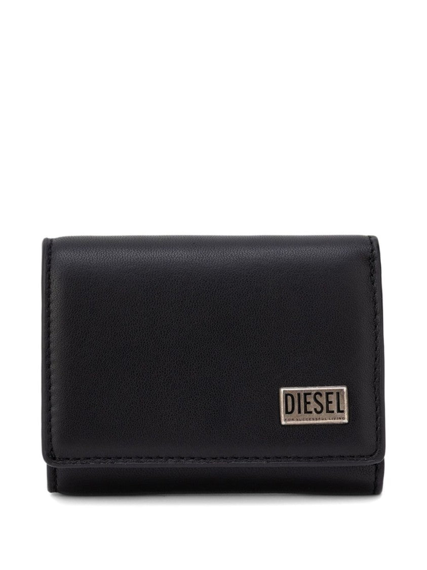Diesel Compact Black Wallet With Metal Logo Plaque