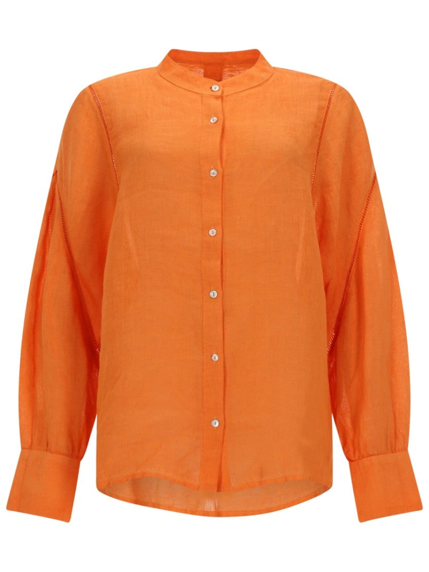 120% Lino Linen Mandarin Collar Wide Blouse