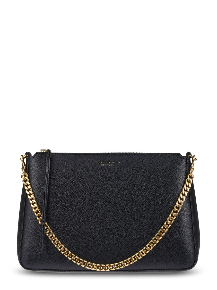 Tory Burch Textured Black Leather Shoulder Bag With Chain Strap