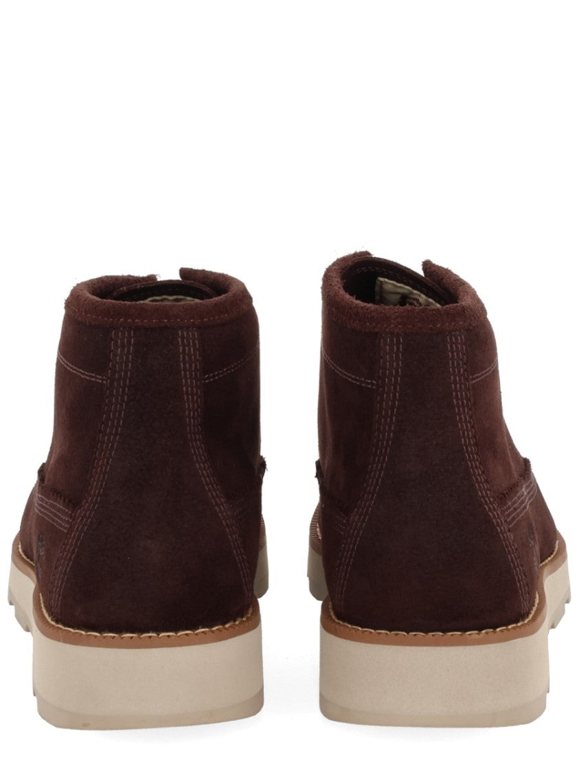 Timberland Brown Suede Boots With Moc Toe Design And Contrasting Sole