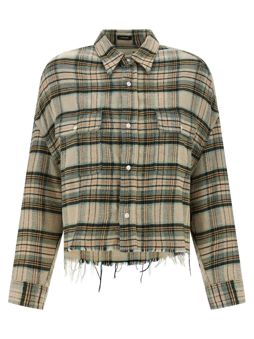 R13 Cropped Check Print Shirt With Fringed Asymmetric Hem