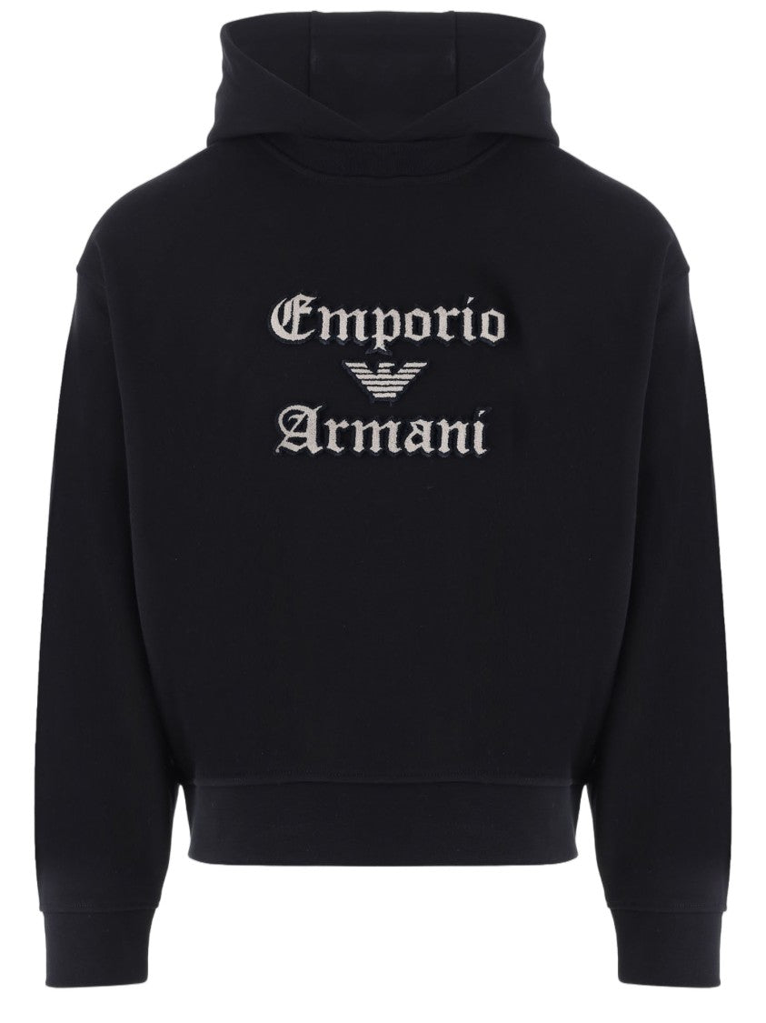 Emporio Armani Black Cotton Hoodie With Contrasting Logo Patch
