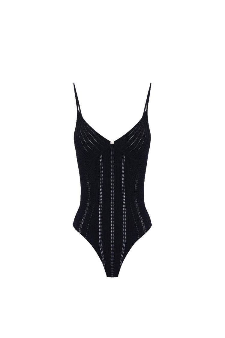 Elisabetta Franchi Black Ribbed Seam Detail Viscose-Blend Bodysuit