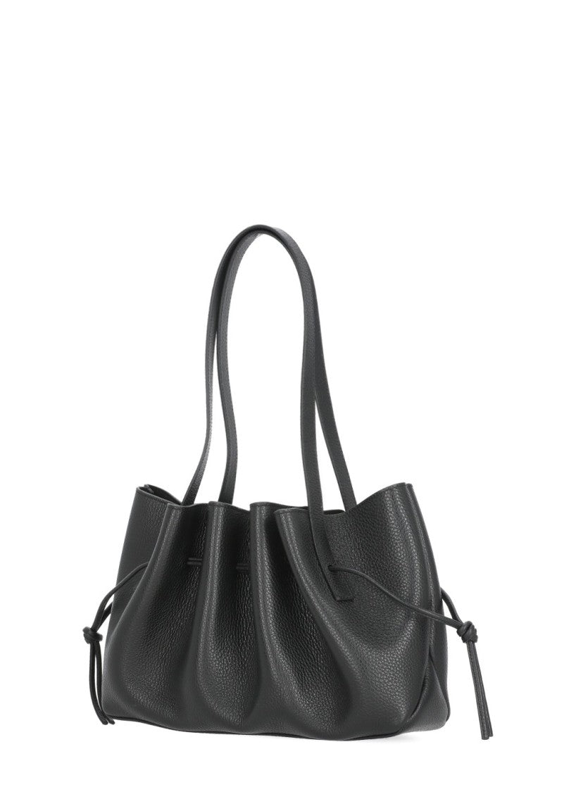 Yuzefi Draped Black Leather Shoulder Bag With Scalloped Structure