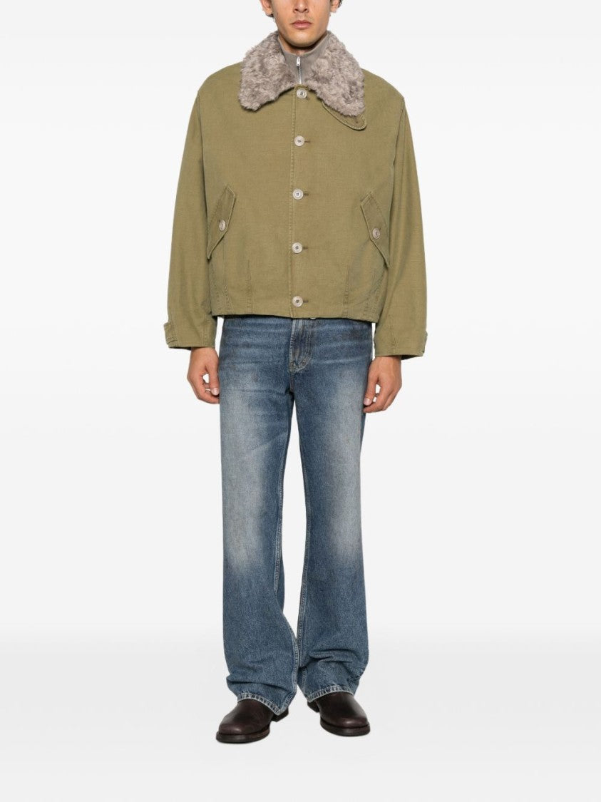 Our Legacy Olive Green Aerial Shearling Collar Cropped Jacket