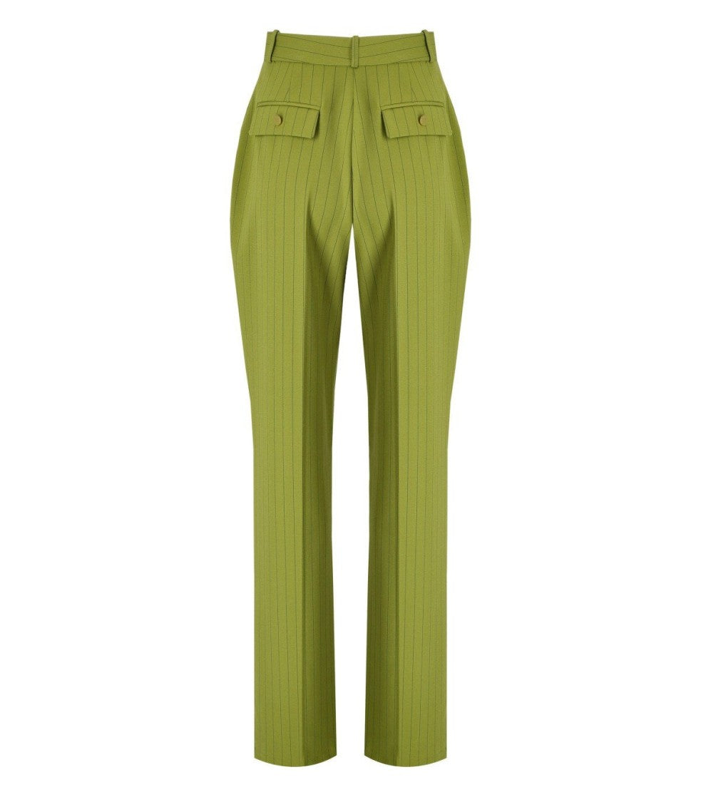 Elisabetta Franchi Olive Green Cool Wool Trousers With Pinstripe Detailing