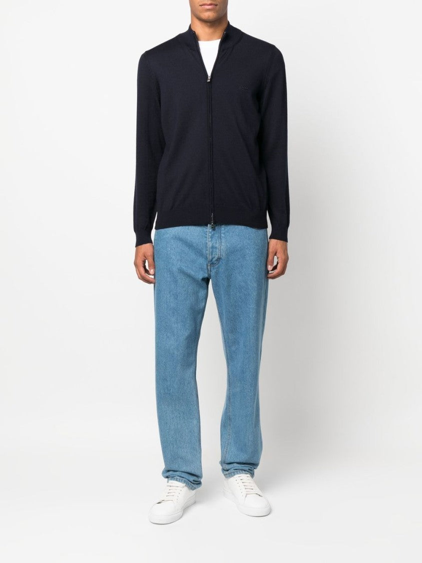 Boss Full-Zip Blue Virgin Wool Sweater With High Collar