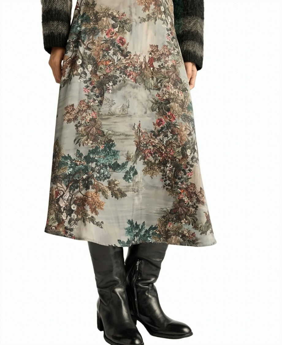 Momonì Hebe Flared Printed Stretch Silk Satin Midi Skirt