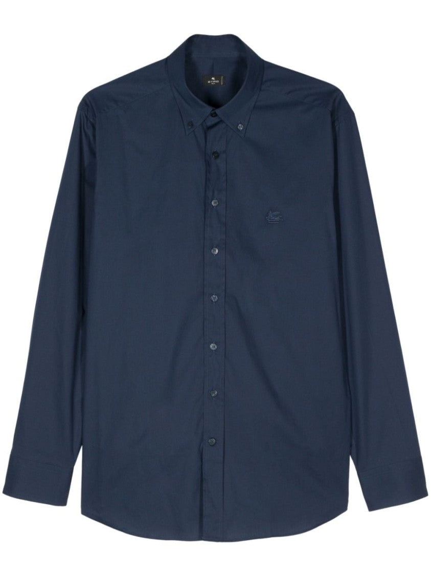 Etro Navy Cotton Blend Poplin Shirt With Signature Pegaso Motif