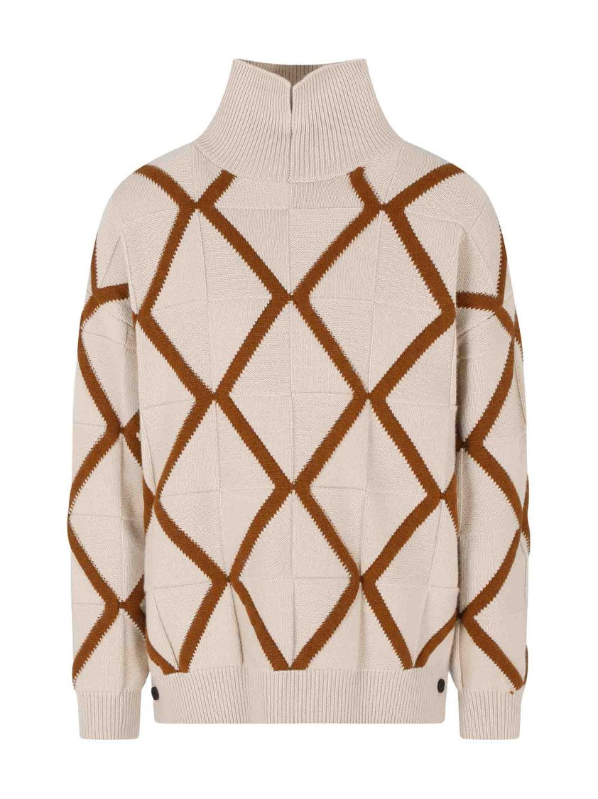 Emporio Armani Polo-Style Ivory Sweater With Jacquard Diamond Pattern