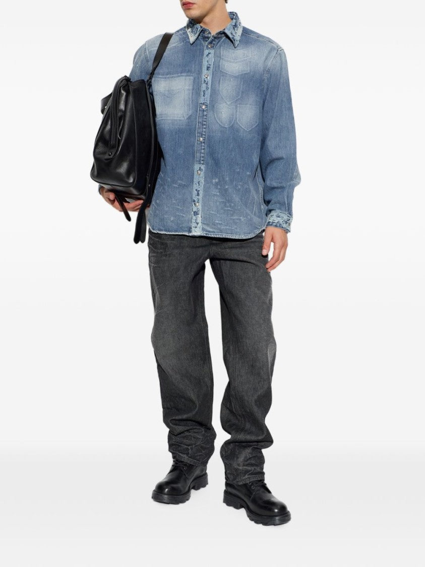 Diesel Black Gathered Cuffs Textured Silk-Nylon Blend Jeans