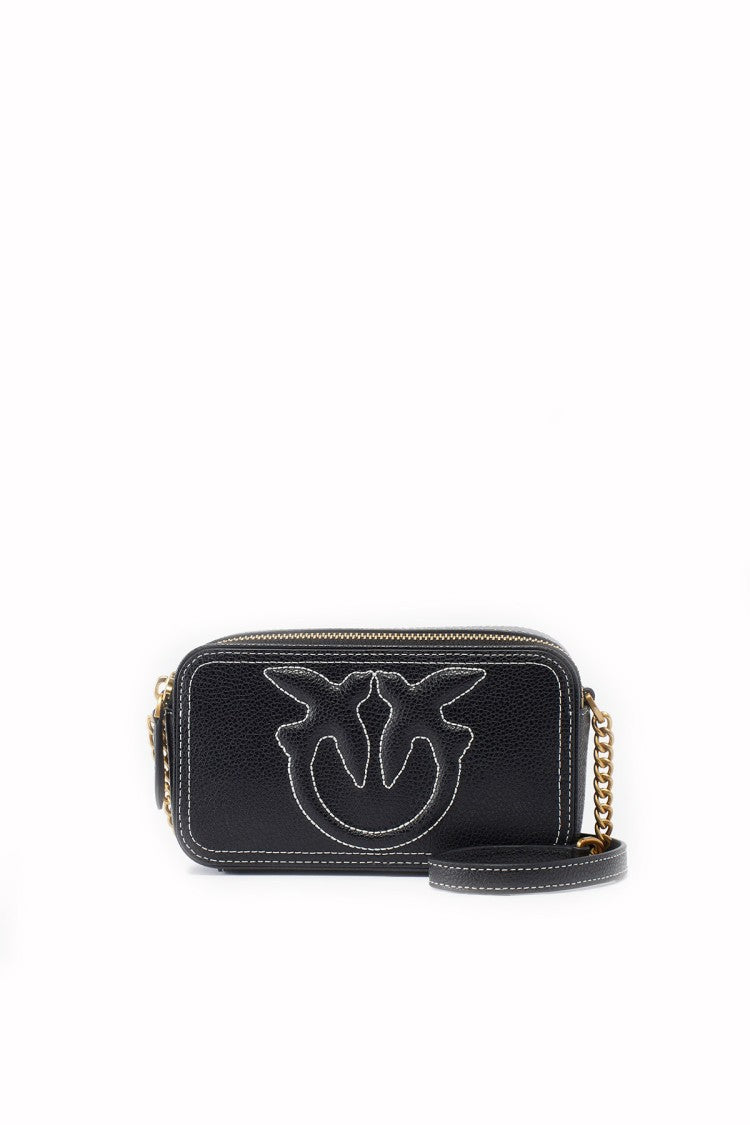 Pinko Black Contrast-Stitched Love Birds Logo Leather Shoulder Bag