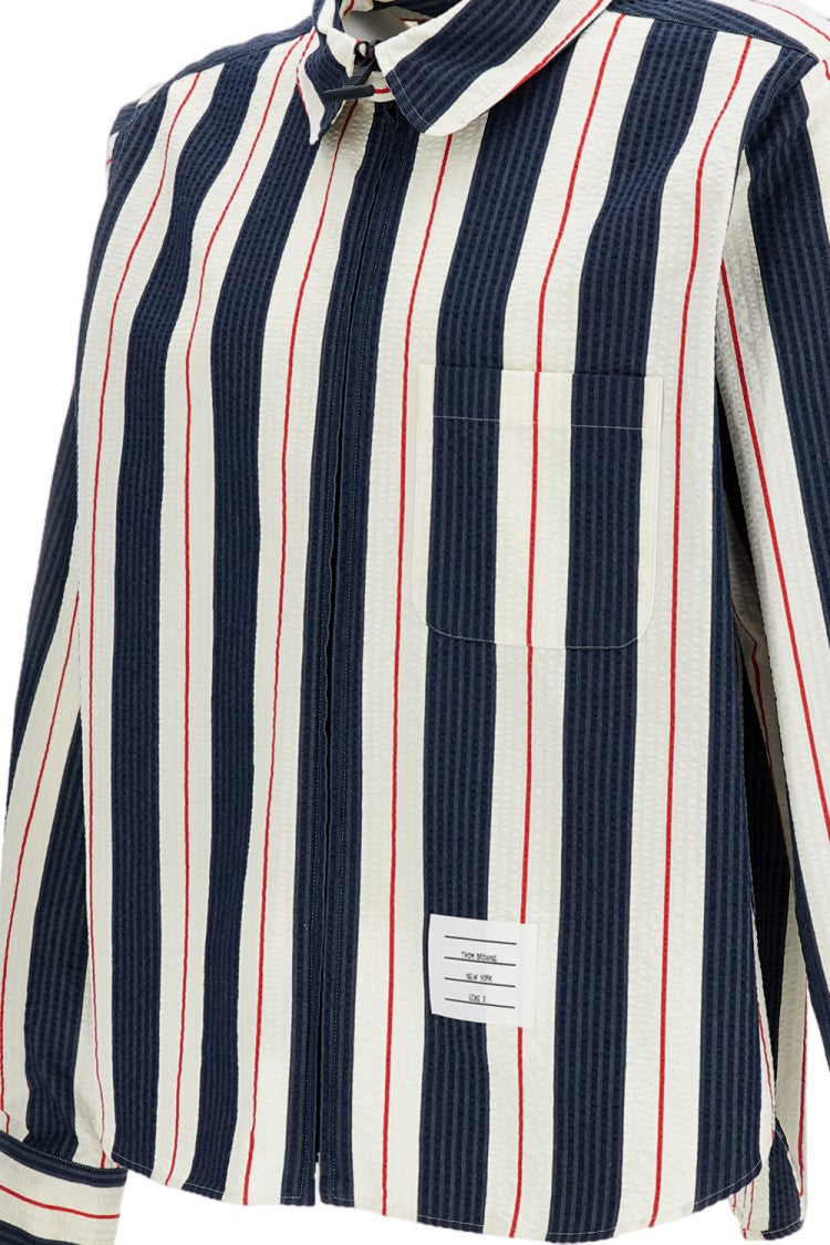 Thom Browne Seersucker Stripe Zip-Up Shirt With Point Collar