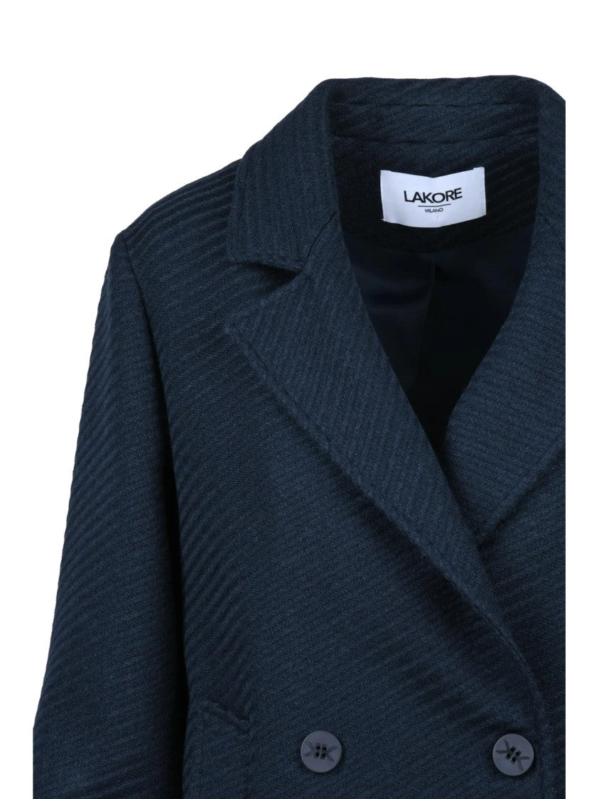 Lakore Navy Blue Double-Breasted Wool-Blend Short Coat