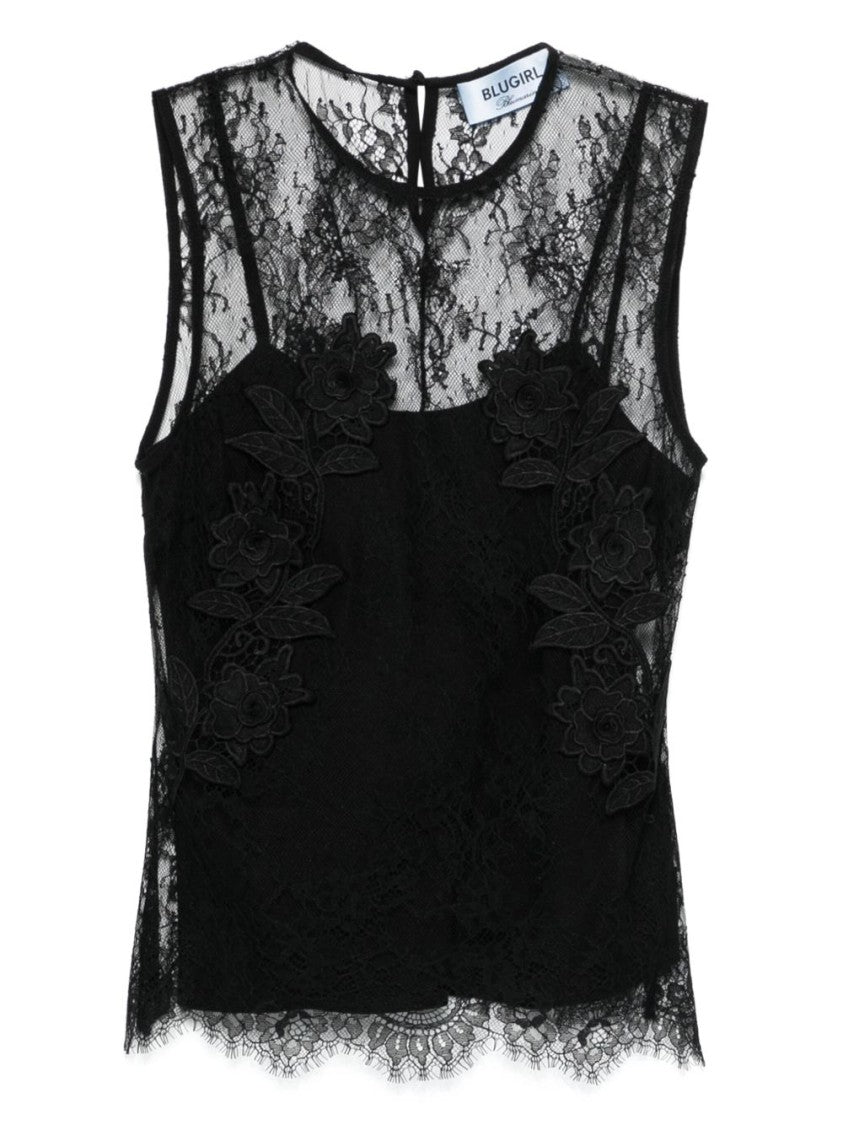 Blugirl Floral Lace Overlay Top With Scalloped Hem