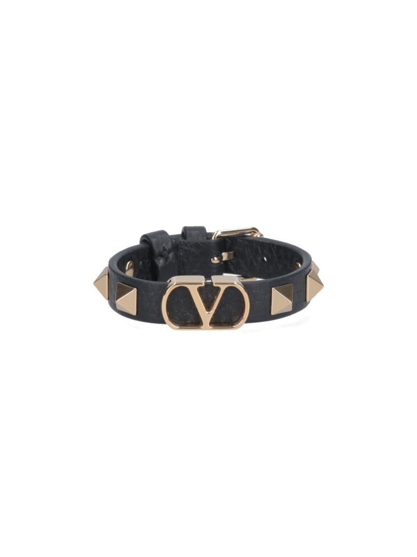 Valentino Garavani Black Leather Studded Bracelet With Adjustable Fit