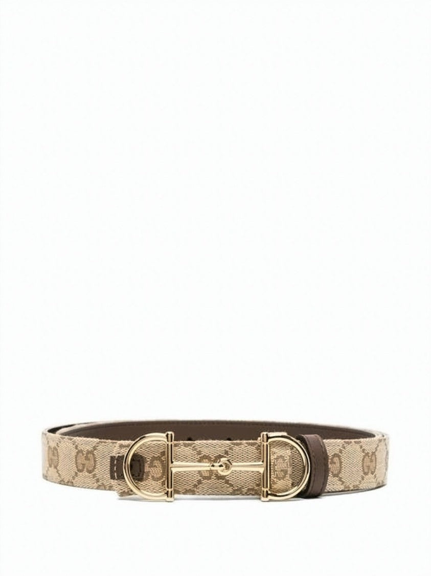 Gucci Beige Canvas Belt With Gold-Tone Horsebit Buckle And Leather Accents