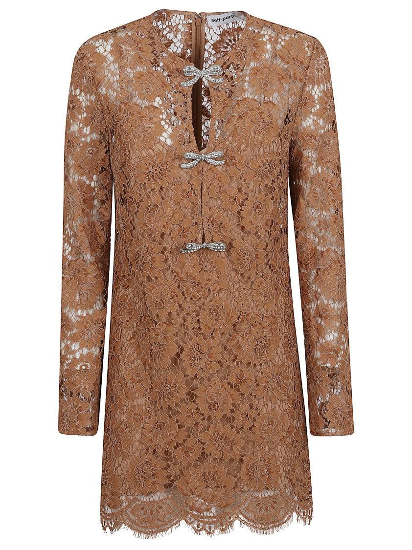 Self-Portrait Tan Lace Bow Mini Dress