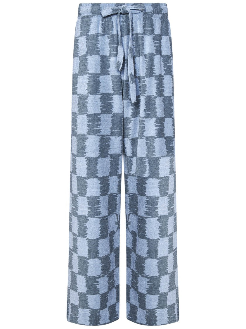 Bonsai Checked Print Wide-Leg Trousers In Stone And Light Blue