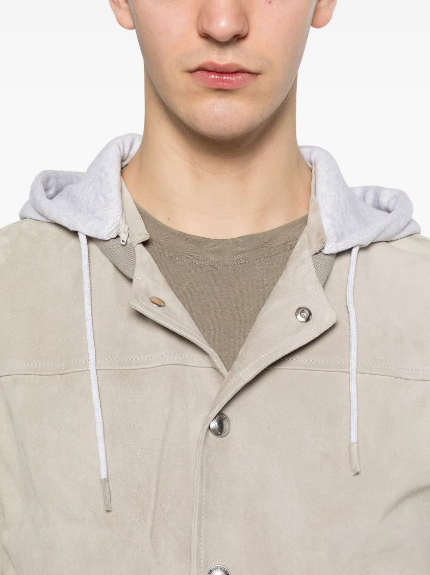 Eleventy Suede-Texture Grey Hooded Bomber Jacket