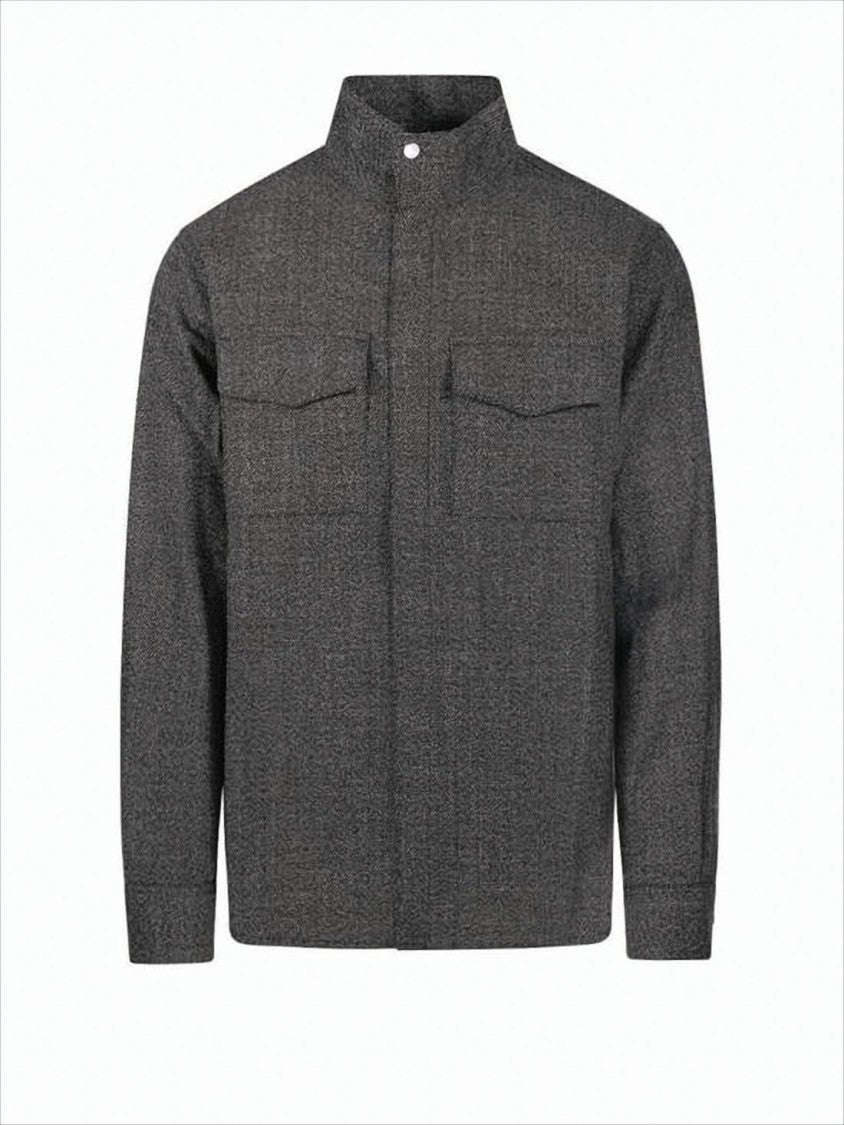 Ami Structured Dark Grey Shirt Jacket With High Collar And Chest Pockets