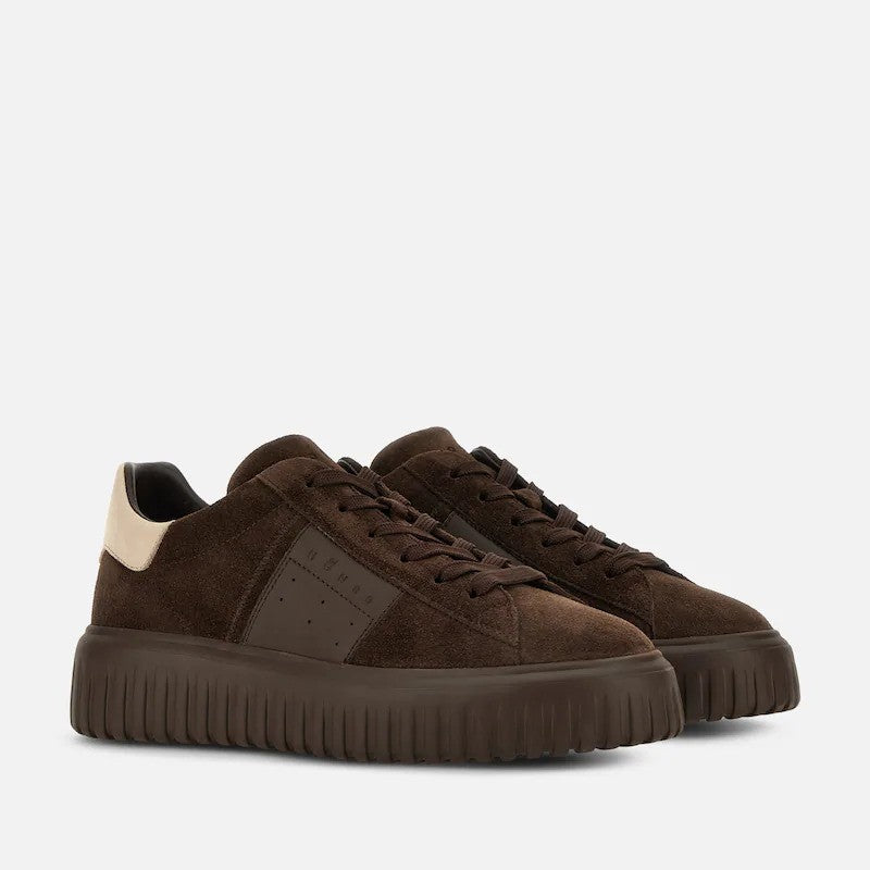 Hogan Dark Brown Suede Leather Embossed Low-Top Sneakers