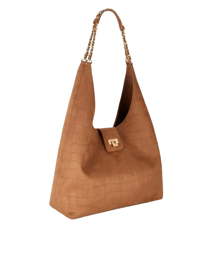 Elisabetta Franchi Brown Suede Hobo Bag With Crocodile Embossing And Chain Detail