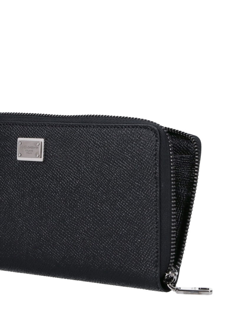 Dolce & Gabbana Black Calfskin Logo Zip Wallet