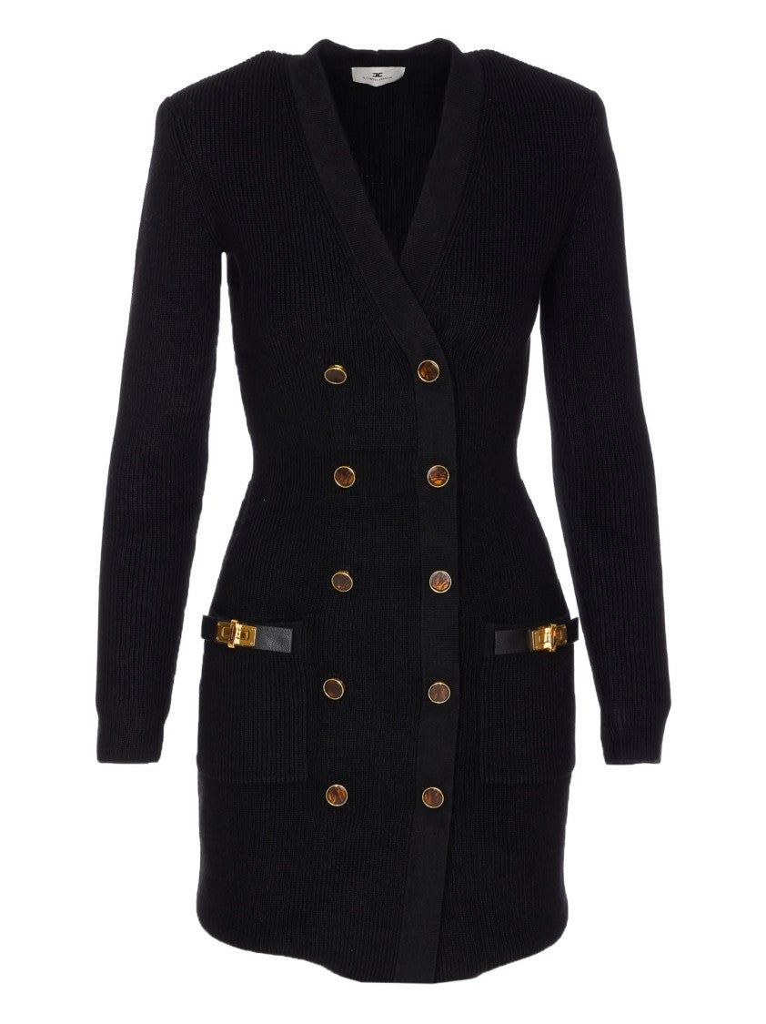 Elisabetta Franchi Textured Knit Black Midi Dress With Double-Breasted Design