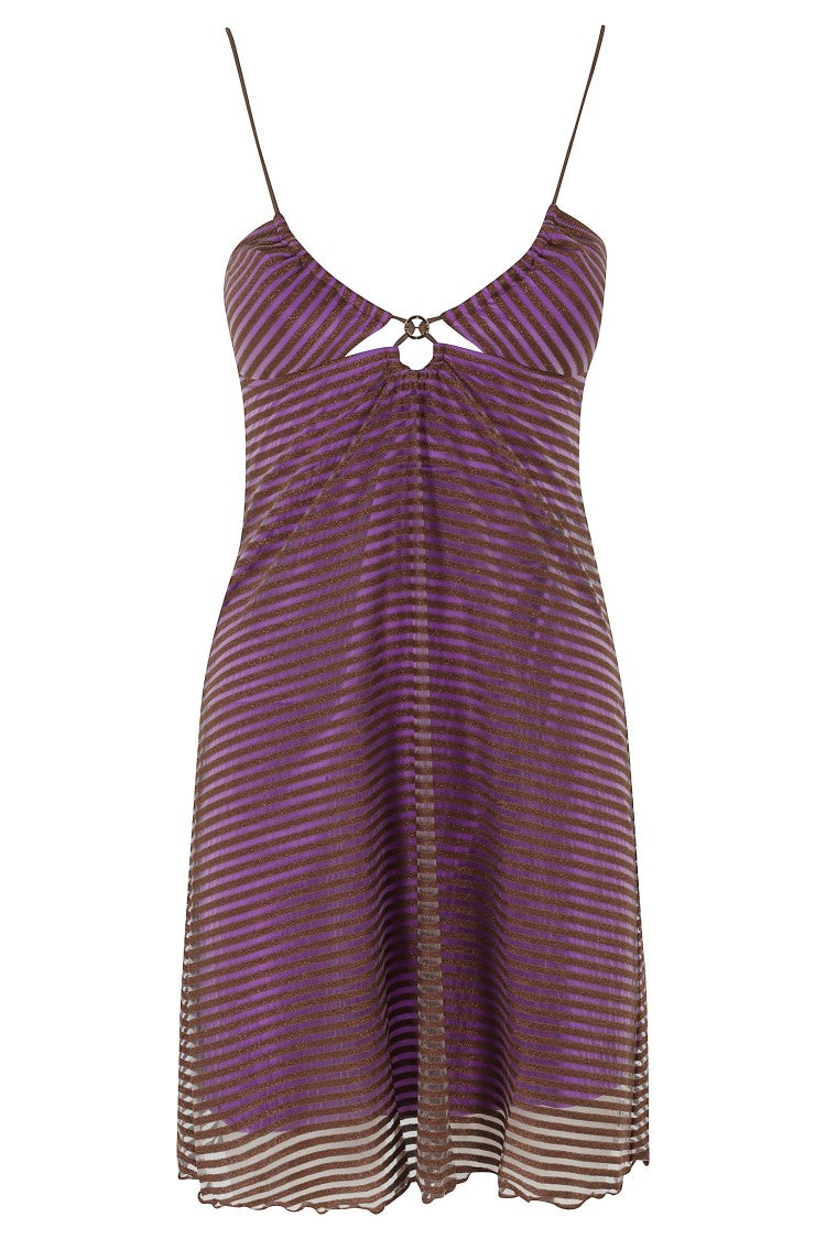 Pin-Up Purple Gold Lamé Striped Cut-Out Viscose Mini Dress