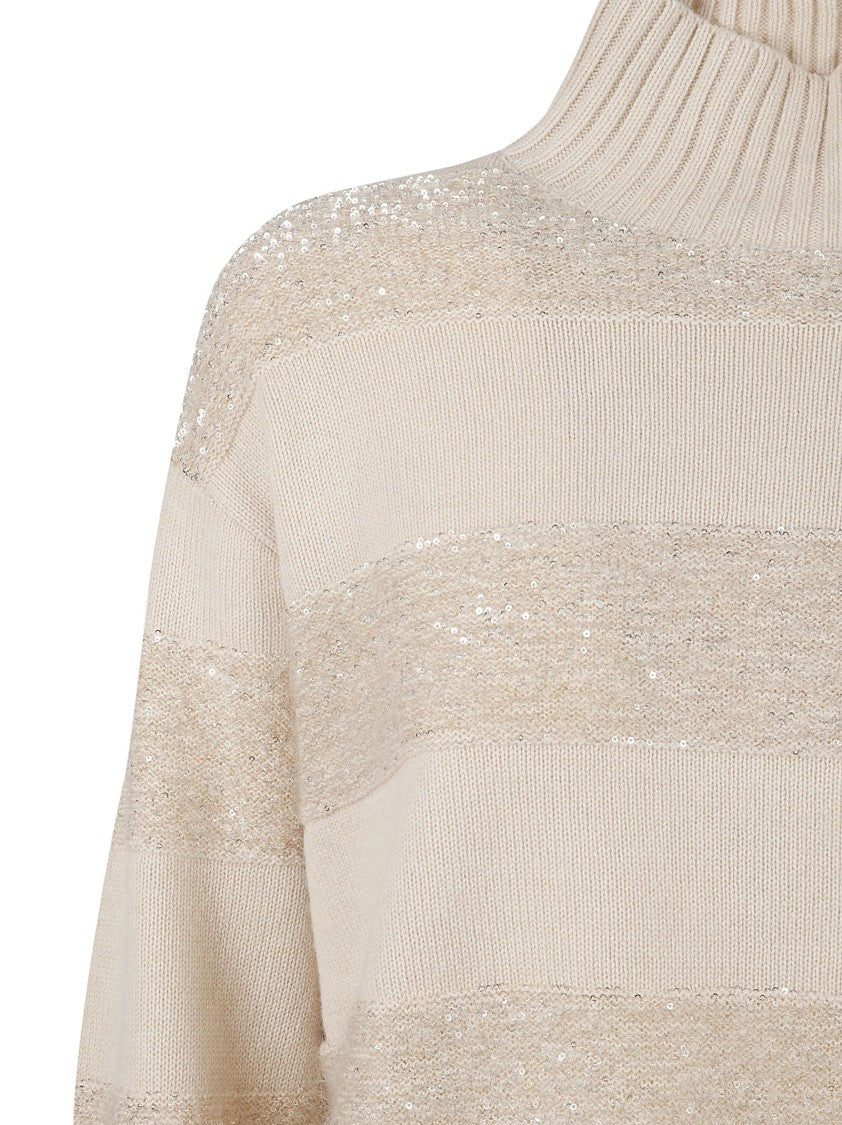 Brunello Cucinelli High-Neck Knit Sweater With Textured Stripes