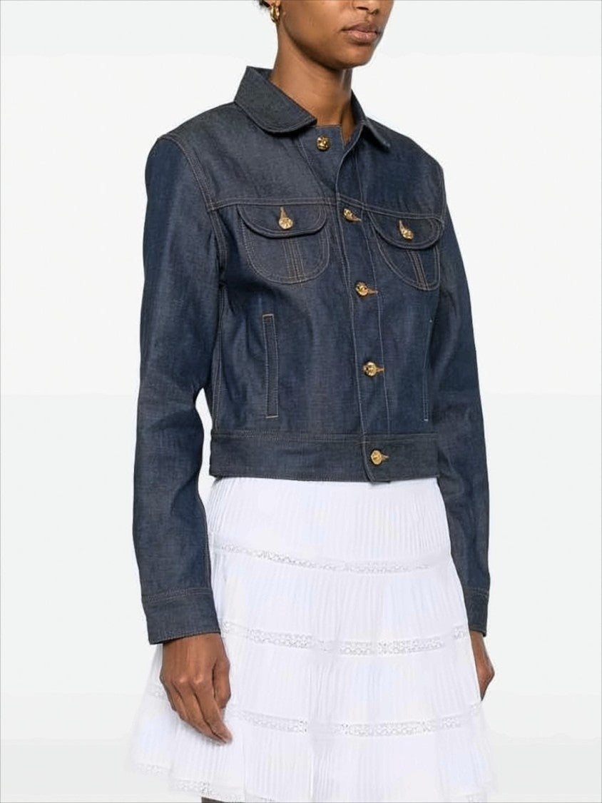 Celine Cropped Denim Jacket With Classic Collar And Gold-Tone Details