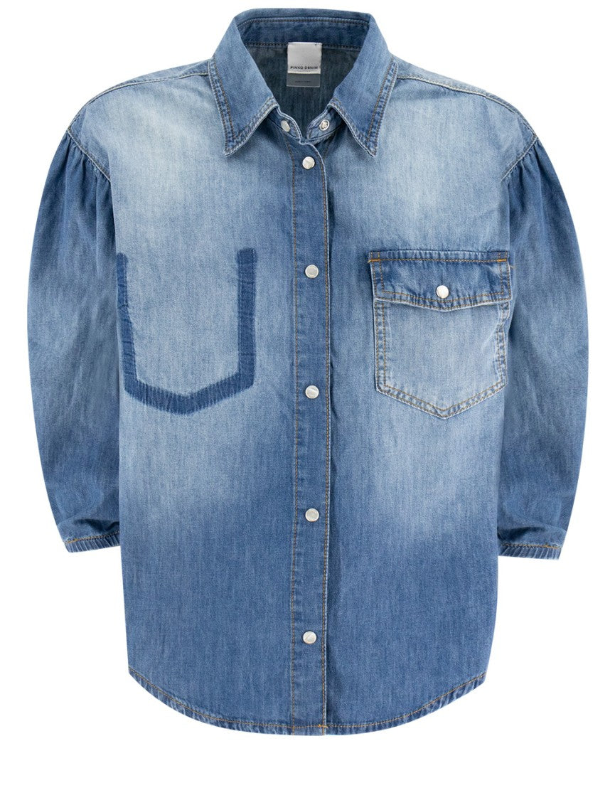 Pinko Gradient Wash Denim Shirt With Puff Sleeves