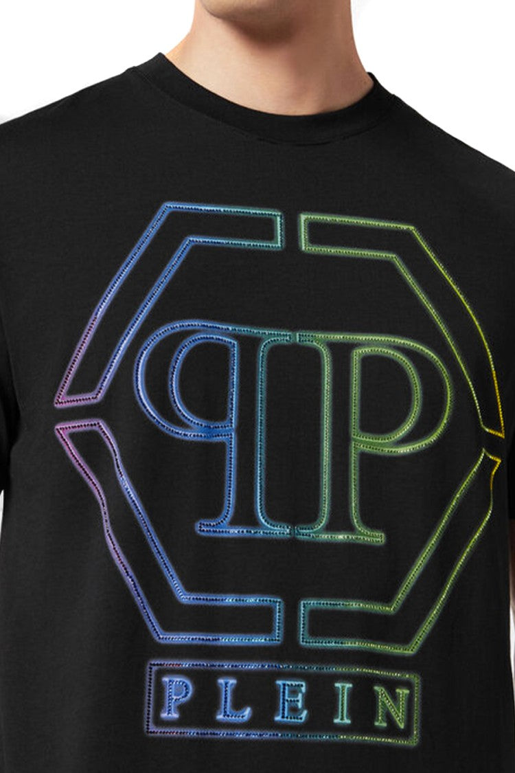 Philipp Plein Black Cotton Iridescent Logo-Print T-Shirt