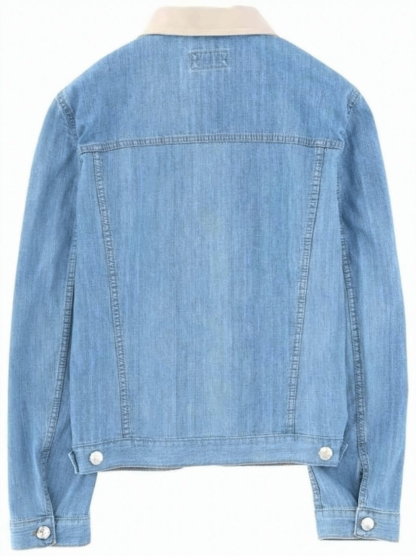 Brunello Cucinelli Light Blue Wash Denim Jacket With Contrasting Beige Collar