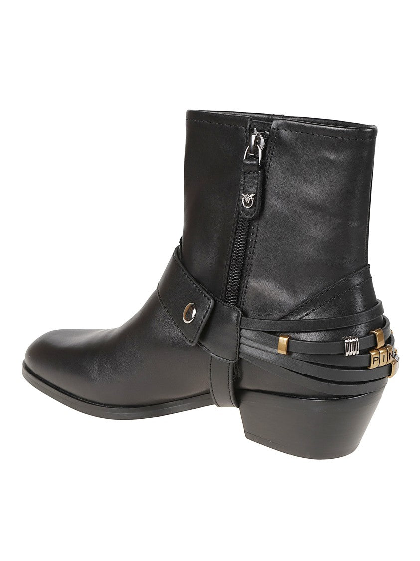 Pinko Jane O7 Pointed Toe Gold-Tone Accent Leather Ankle Boots