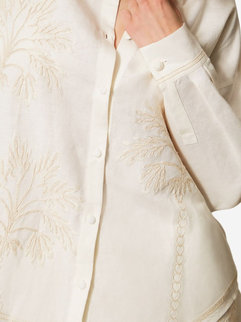 Twinset U&B Cream Long-Sleeve Shirt With Button Fastening And Embroidered Motifs