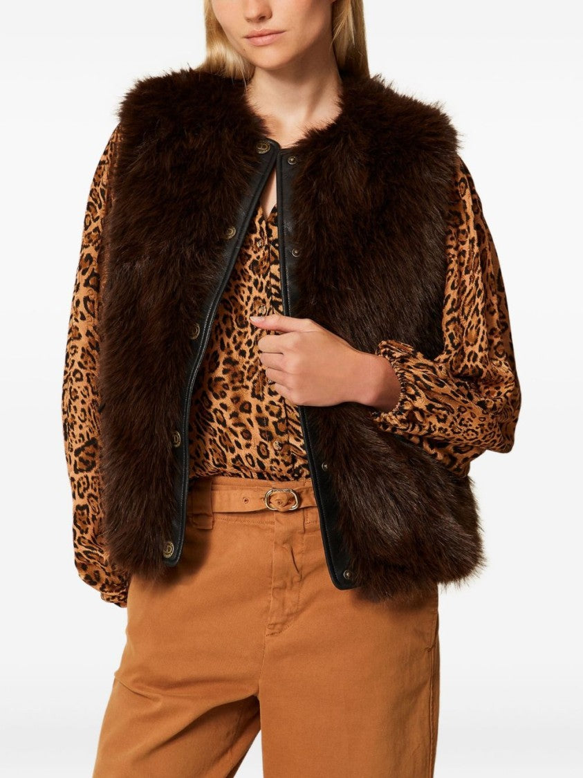 Twin-Set Sleeveless Faux Fur Vest With Leather Accents