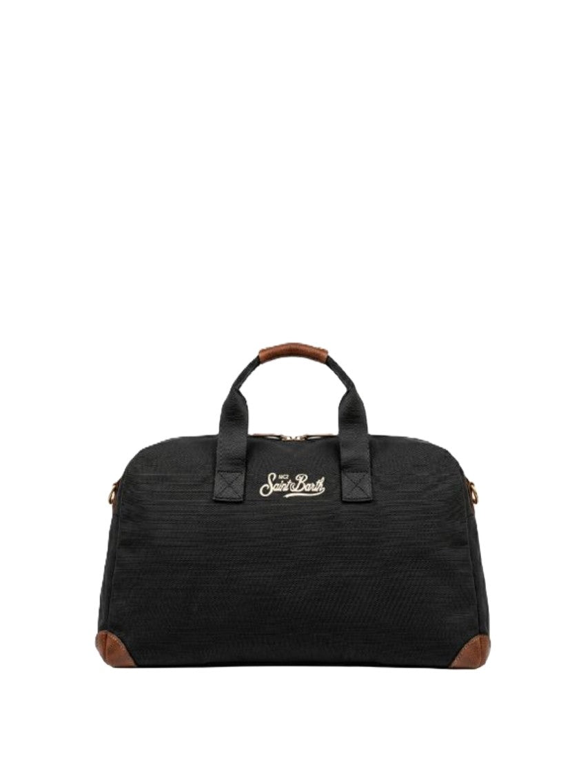 Mc2 Saint Barth Rectangular Black Duffle Bag With Brown Leather Accents
