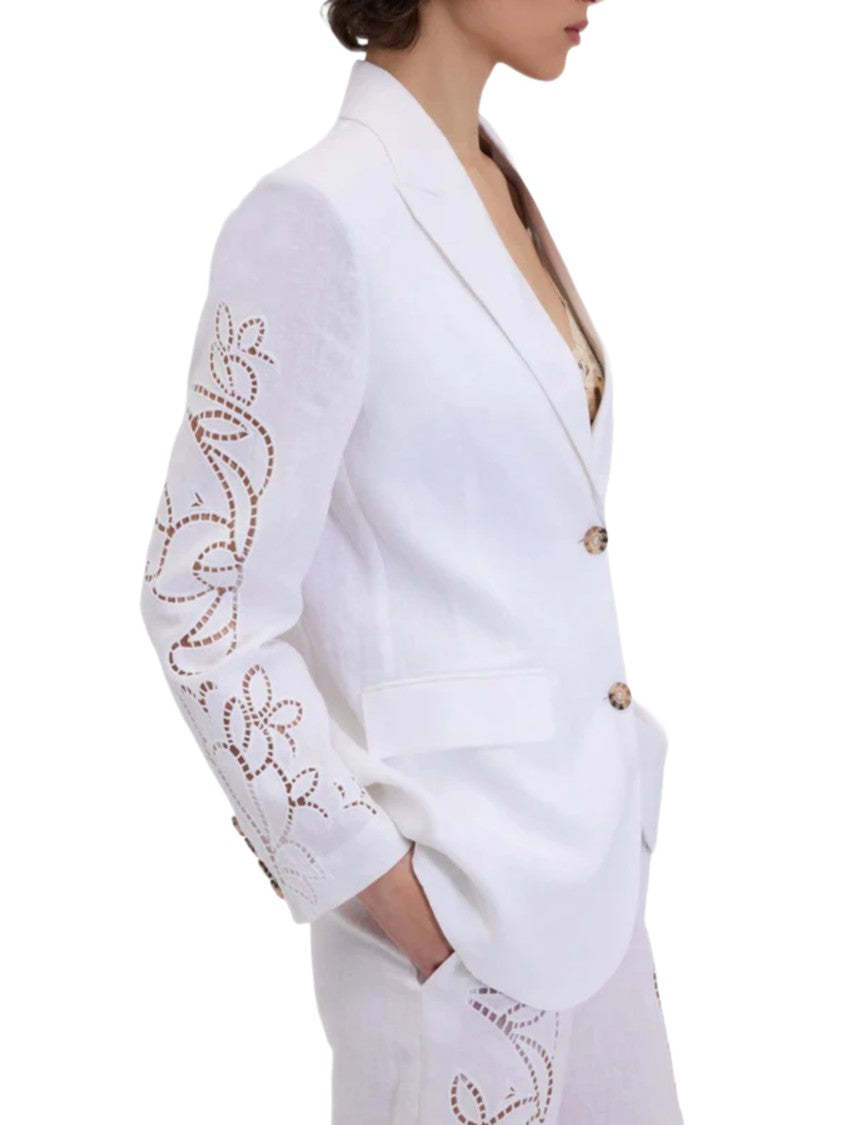 Ermanno Firenze Single-Breasted Linen Blazer With San Gallo Embroidery