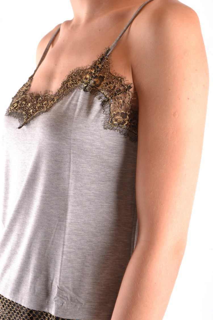 Pinko Sleeveless Grey Top With Gold Lace Trim