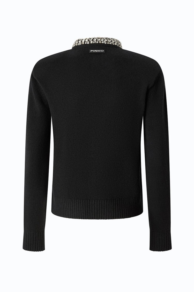 Pinko Black Embellished Collar Wool-Blend Cardigan