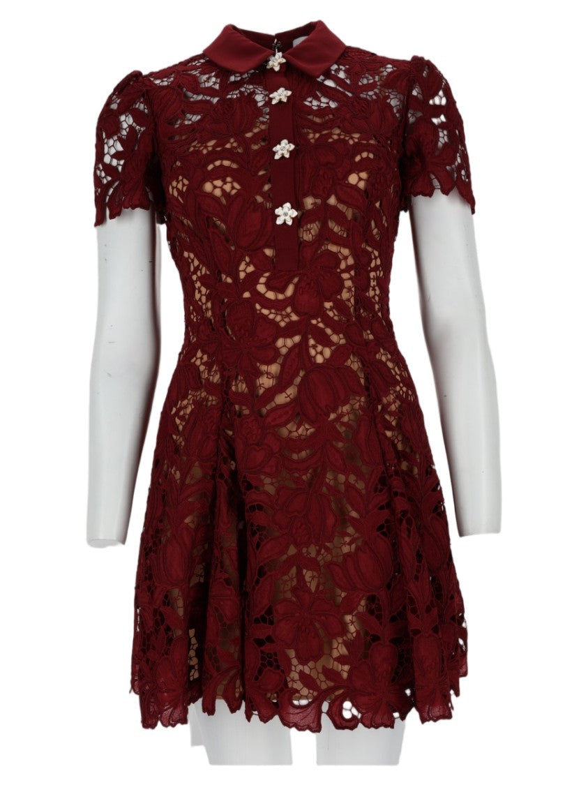Self-Portrait Burgundy Floral Lace Mini Dress With Puff Sleeves And Scalloped Hem