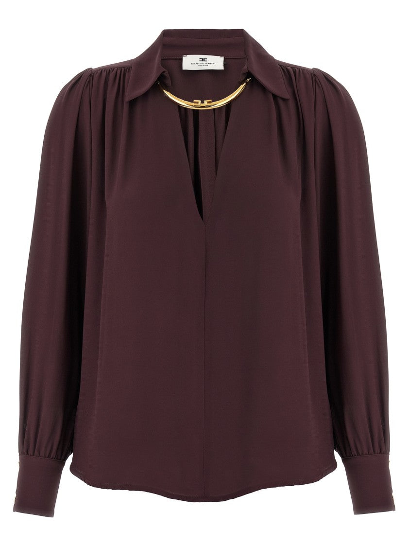 Elisabetta Franchi V-Neck Georgette Shirt With Removable Metal Necklace