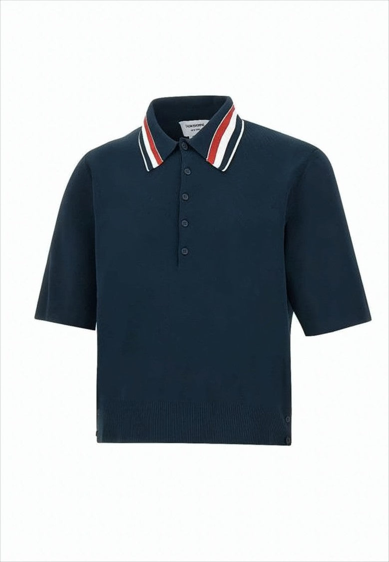 Thom Browne Navy Polo Shirt With Striped Collar And Side Button Details